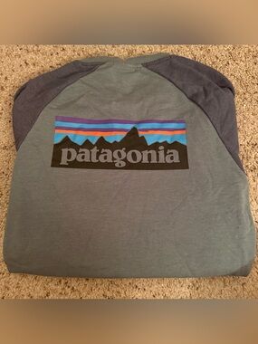 Patagonia Slate Blue Tee with Multicolor Logo Tag